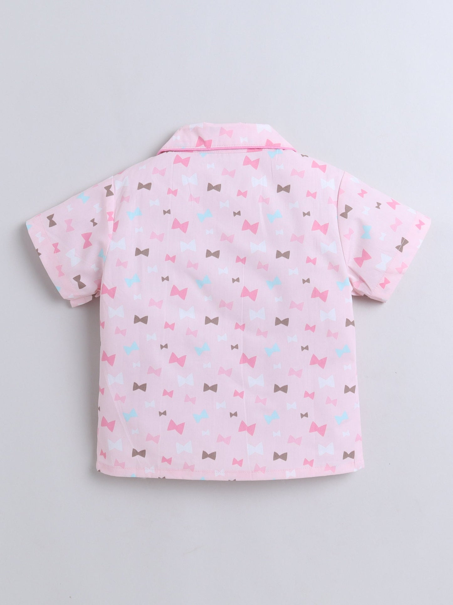 Cotton Woven Half Sleeves Bow Printed Coordinating Night Suit Set - Pink