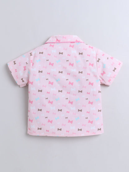 Cotton Woven Half Sleeves Bow Printed Coordinating Night Suit Set - Pink