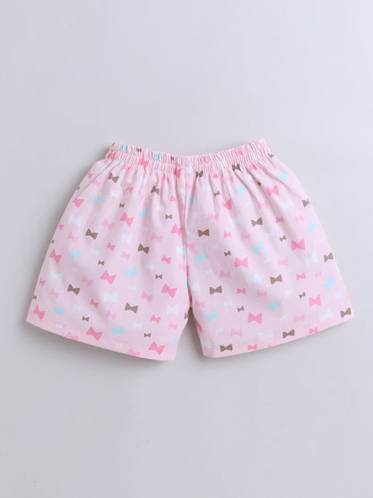 Cotton Woven Half Sleeves Bow Printed Coordinating Night Suit Set - Pink