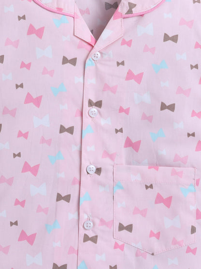 Cotton Woven Half Sleeves Bow Printed Coordinating Night Suit Set - Pink