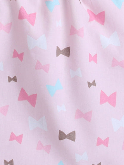 Cotton Woven Half Sleeves Bow Printed Coordinating Night Suit Set - Pink