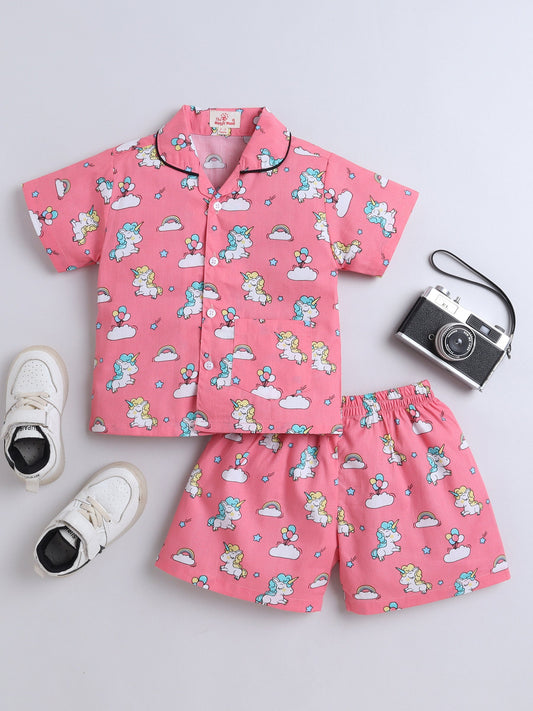 Cotton Woven Half Sleeves Unicorn Printed Coordinating Night Suit Set - Pink