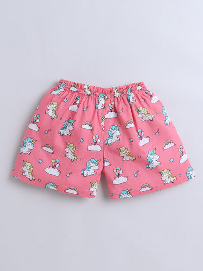 Cotton Woven Half Sleeves Unicorn Printed Coordinating Night Suit Set - Pink
