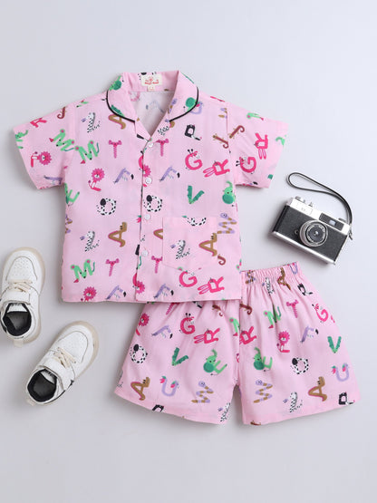 Cotton Woven Half Sleeves Alphabets Printed Coordinating Night Suit Set - Pink