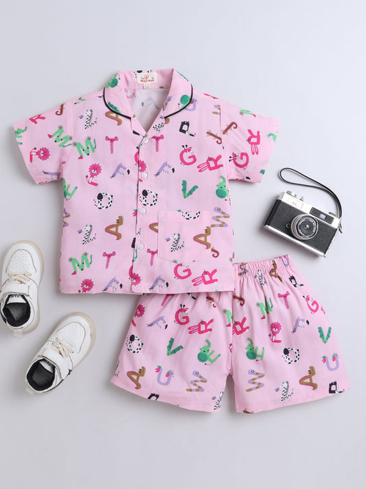 Cotton Woven Half Sleeves Alphabets Printed Coordinating Night Suit Set - Pink