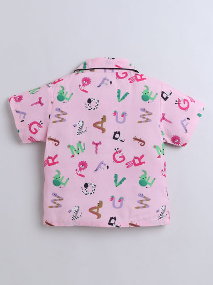 Cotton Woven Half Sleeves Alphabets Printed Coordinating Night Suit Set - Pink