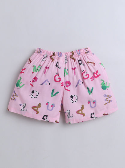 Cotton Woven Half Sleeves Alphabets Printed Coordinating Night Suit Set - Pink