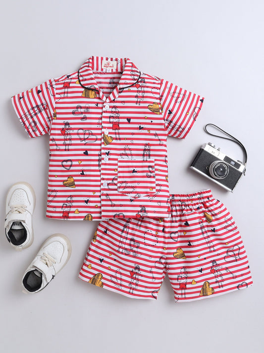 Cotton Woven Half Sleeves Striped & Hearts Printed Coordinating Night Suit Set - Red