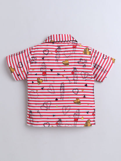 Cotton Woven Half Sleeves Striped & Hearts Printed Coordinating Night Suit Set - Red