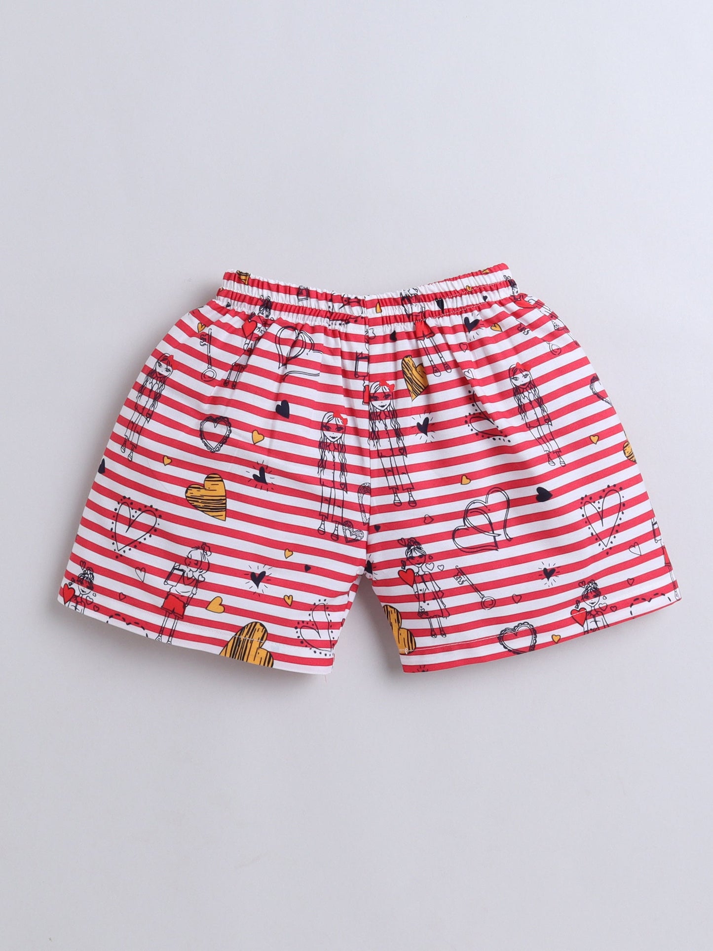 Cotton Woven Half Sleeves Striped & Hearts Printed Coordinating Night Suit Set - Red