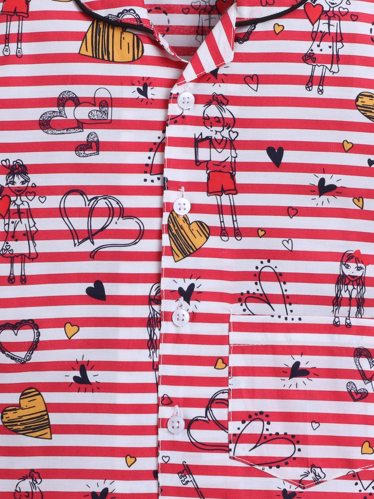 Cotton Woven Half Sleeves Striped & Hearts Printed Coordinating Night Suit Set - Red
