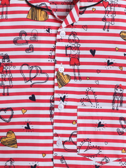 Cotton Woven Half Sleeves Striped & Hearts Printed Coordinating Night Suit Set - Red
