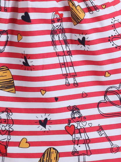 Cotton Woven Half Sleeves Striped & Hearts Printed Coordinating Night Suit Set - Red