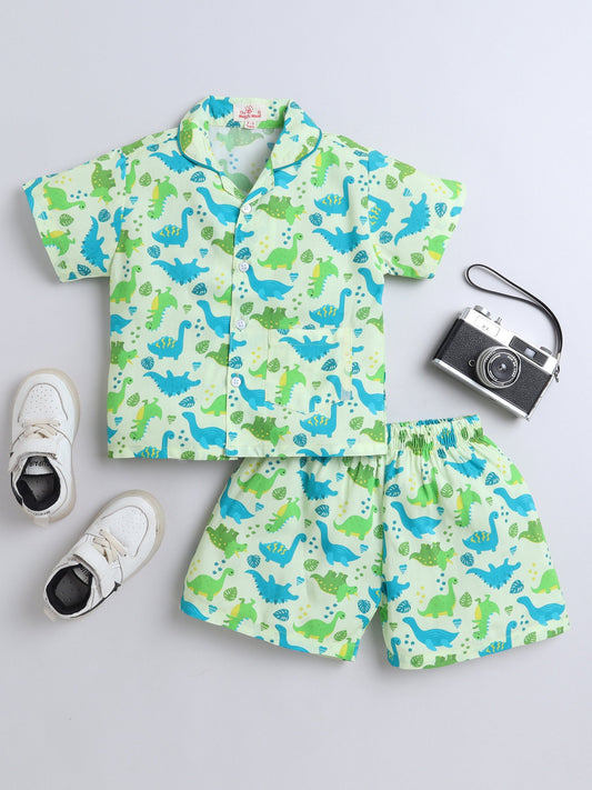 Cotton Woven Half Sleeves Dinosaur Printed Coordinating Night Suit Set - Green
