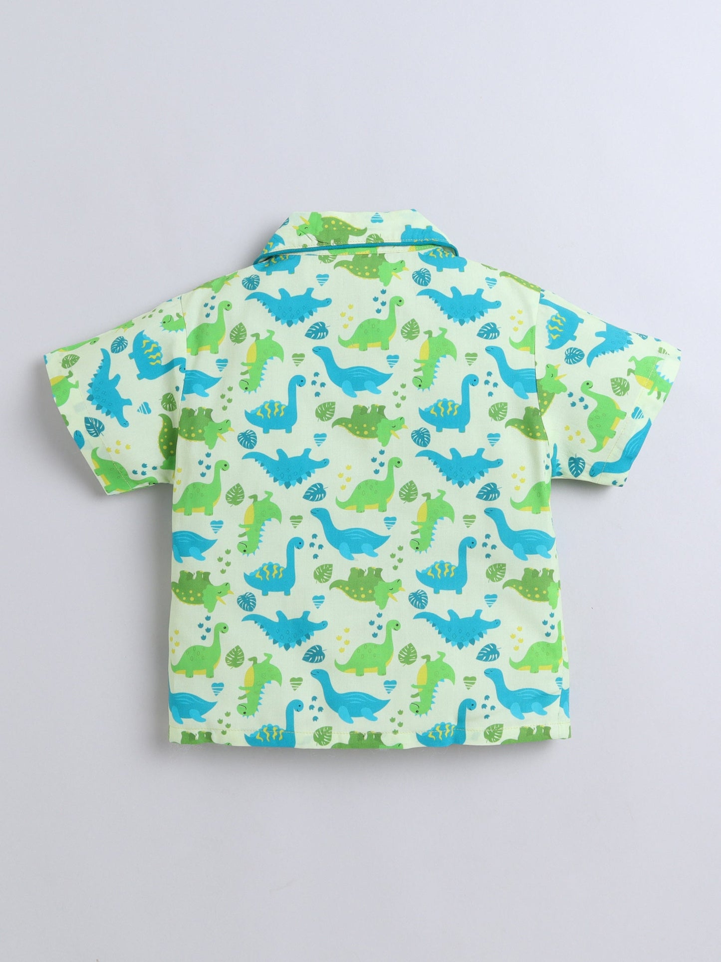 Cotton Woven Half Sleeves Dinosaur Printed Coordinating Night Suit Set - Green