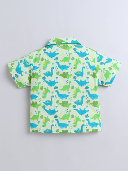 Cotton Woven Half Sleeves Dinosaur Printed Coordinating Night Suit Set - Green