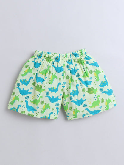 Cotton Woven Half Sleeves Dinosaur Printed Coordinating Night Suit Set - Green