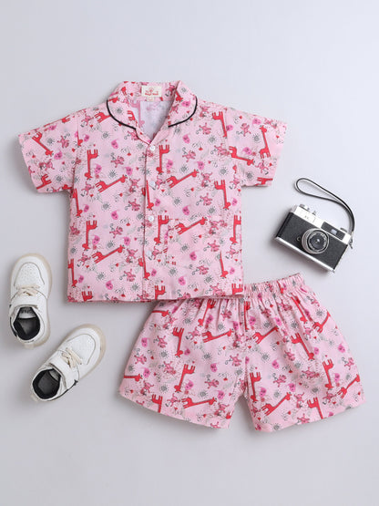 Cotton Woven Half Sleeves Animals Printed Coordinating Night Suit Set - Peach