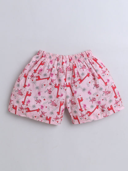 Cotton Woven Half Sleeves Animals Printed Coordinating Night Suit Set - Peach