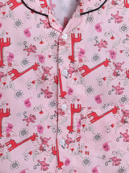 Cotton Woven Half Sleeves Animals Printed Coordinating Night Suit Set - Peach