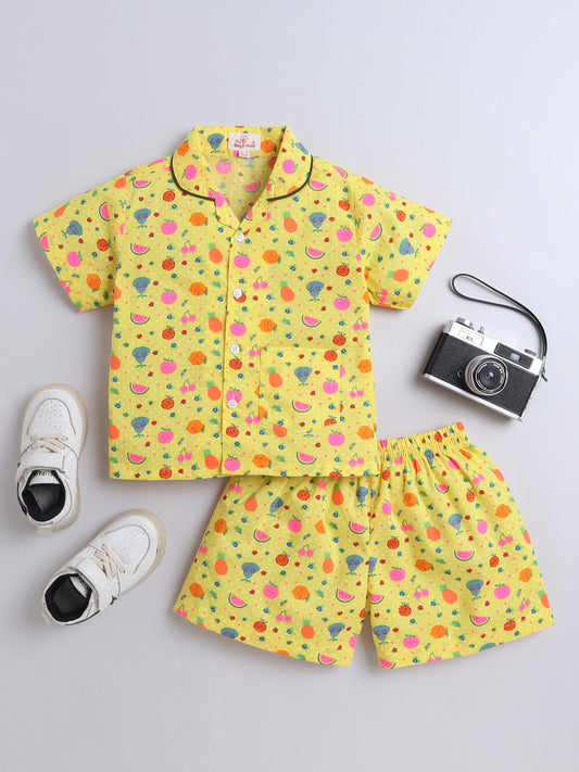 Cotton Woven Half Sleeves Fruits Printed Coordinating Night Suit Set - Yellow