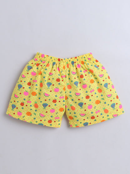 Cotton Woven Half Sleeves Fruits Printed Coordinating Night Suit Set - Yellow