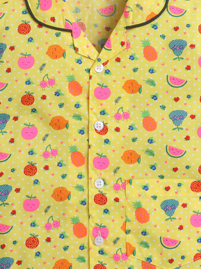 Cotton Woven Half Sleeves Fruits Printed Coordinating Night Suit Set - Yellow