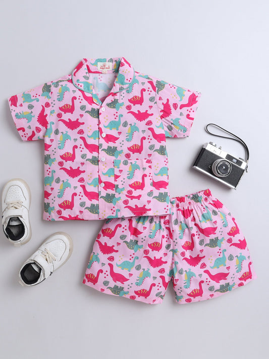 Cotton Woven Half Sleeves Dinosaur Printed Coordinating Night Suit Set - Pink
