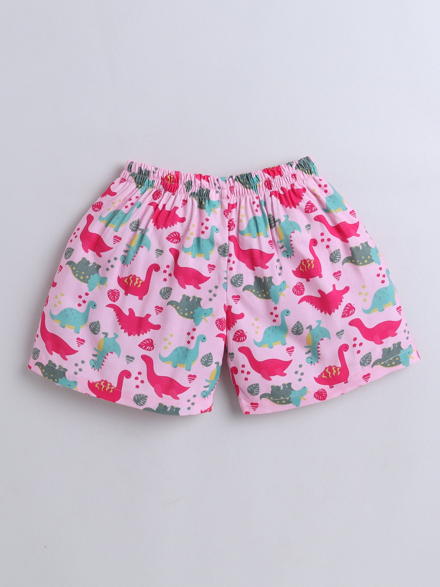 Cotton Woven Half Sleeves Dinosaur Printed Coordinating Night Suit Set - Pink
