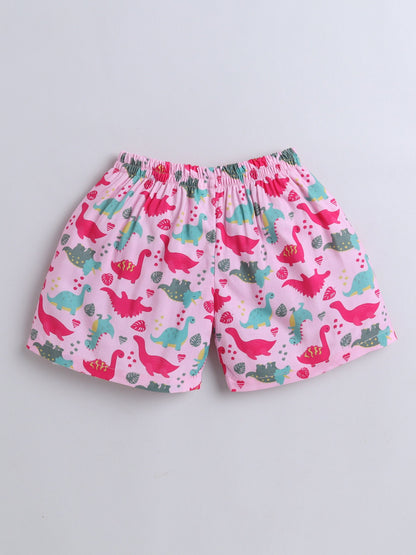 Cotton Woven Half Sleeves Dinosaur Printed Coordinating Night Suit Set - Pink