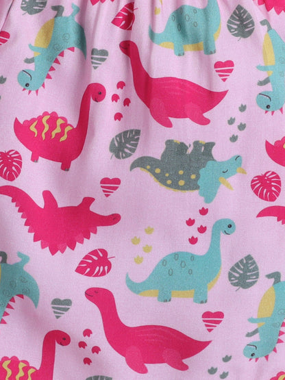 Cotton Woven Half Sleeves Dinosaur Printed Coordinating Night Suit Set - Pink