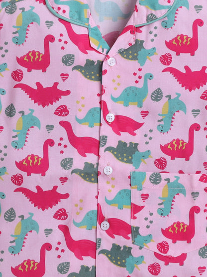 Cotton Woven Half Sleeves Dinosaur Printed Coordinating Night Suit Set - Pink