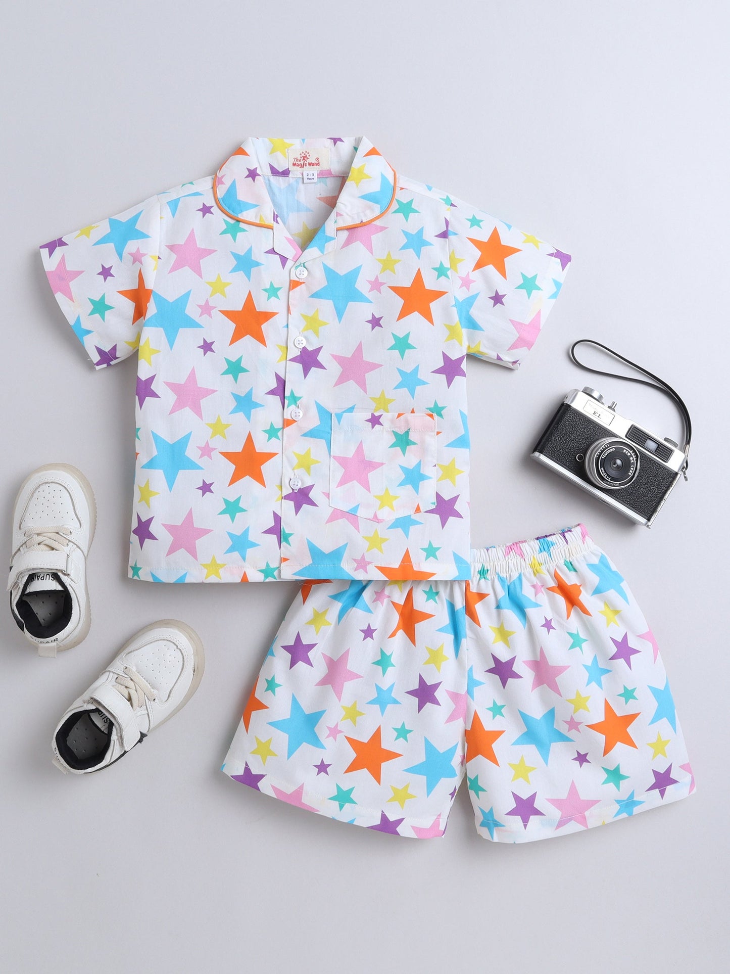 Cotton Woven Half Sleeves Stars Printed Coordinating Night Suit Set - White