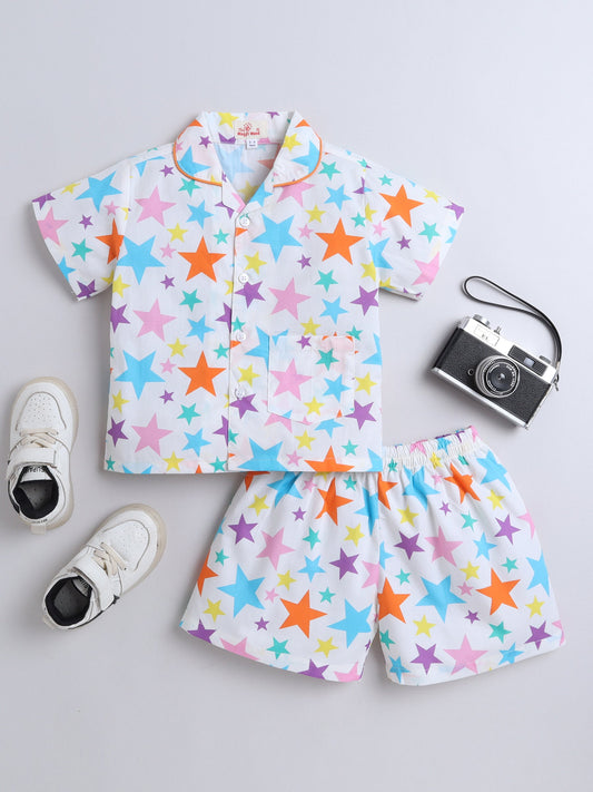 Cotton Woven Half Sleeves Stars Printed Coordinating Night Suit Set - White