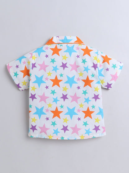 Cotton Woven Half Sleeves Stars Printed Coordinating Night Suit Set - White