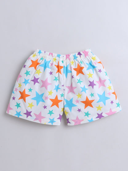 Cotton Woven Half Sleeves Stars Printed Coordinating Night Suit Set - White