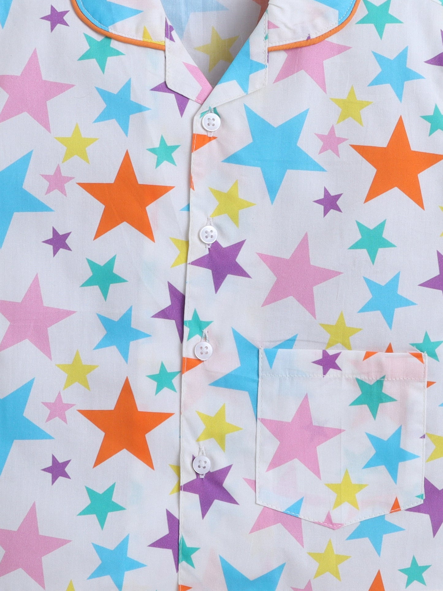 Cotton Woven Half Sleeves Stars Printed Coordinating Night Suit Set - White
