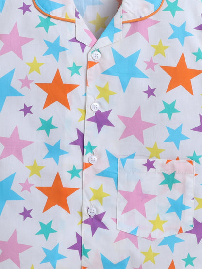 Cotton Woven Half Sleeves Stars Printed Coordinating Night Suit Set - White