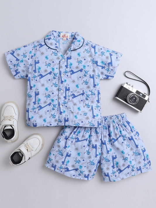 The Magic Wand Cotton Half Sleeve Animal Printed Night Suit Set Blue