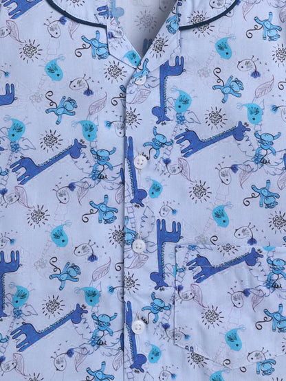 The Magic Wand Cotton Half Sleeve Animal Printed Night Suit Set Blue