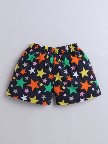Cotton Woven Half Sleeves Stars Printed Shirt & Coordinating Shorts Set - Navy Blue
