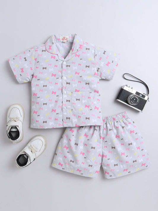 Cotton Woven Half Sleeves Bow Printed Shirt & Coordinating Shorts Set - Grey