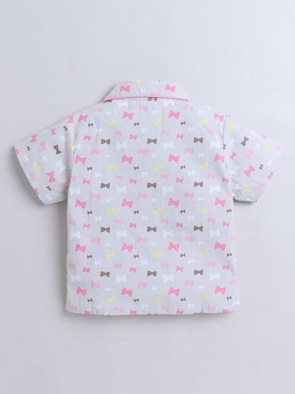 Cotton Woven Half Sleeves Bow Printed Shirt & Coordinating Shorts Set - Grey