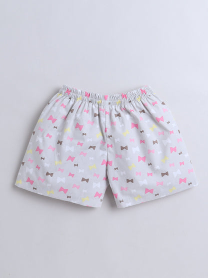 Cotton Woven Half Sleeves Bow Printed Shirt & Coordinating Shorts Set - Grey