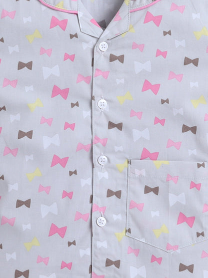 Cotton Woven Half Sleeves Bow Printed Shirt & Coordinating Shorts Set - Grey