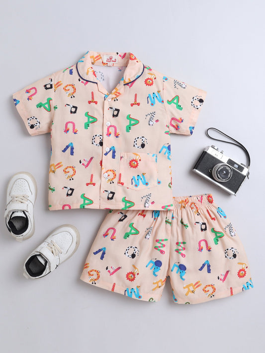 The Magic Wand Cotton Half Sleeve Aplthabet Printed Night Suit Set Beige