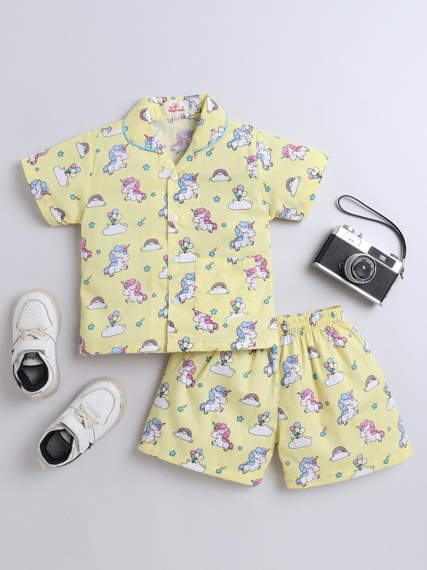 Cotton Woven Half Sleeves Unicorn Printed Shirt & Coordinating Shorts Set - Yellow