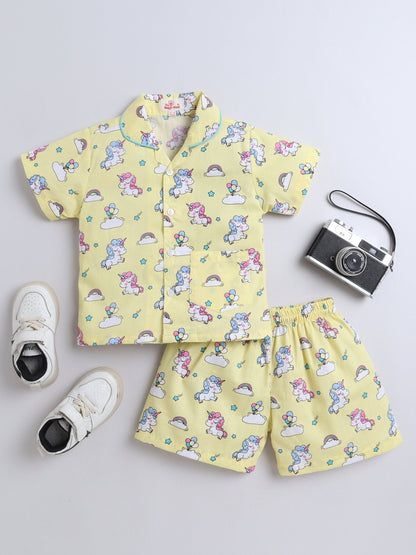 Cotton Woven Half Sleeves Unicorn Printed Shirt & Coordinating Shorts Set - Yellow