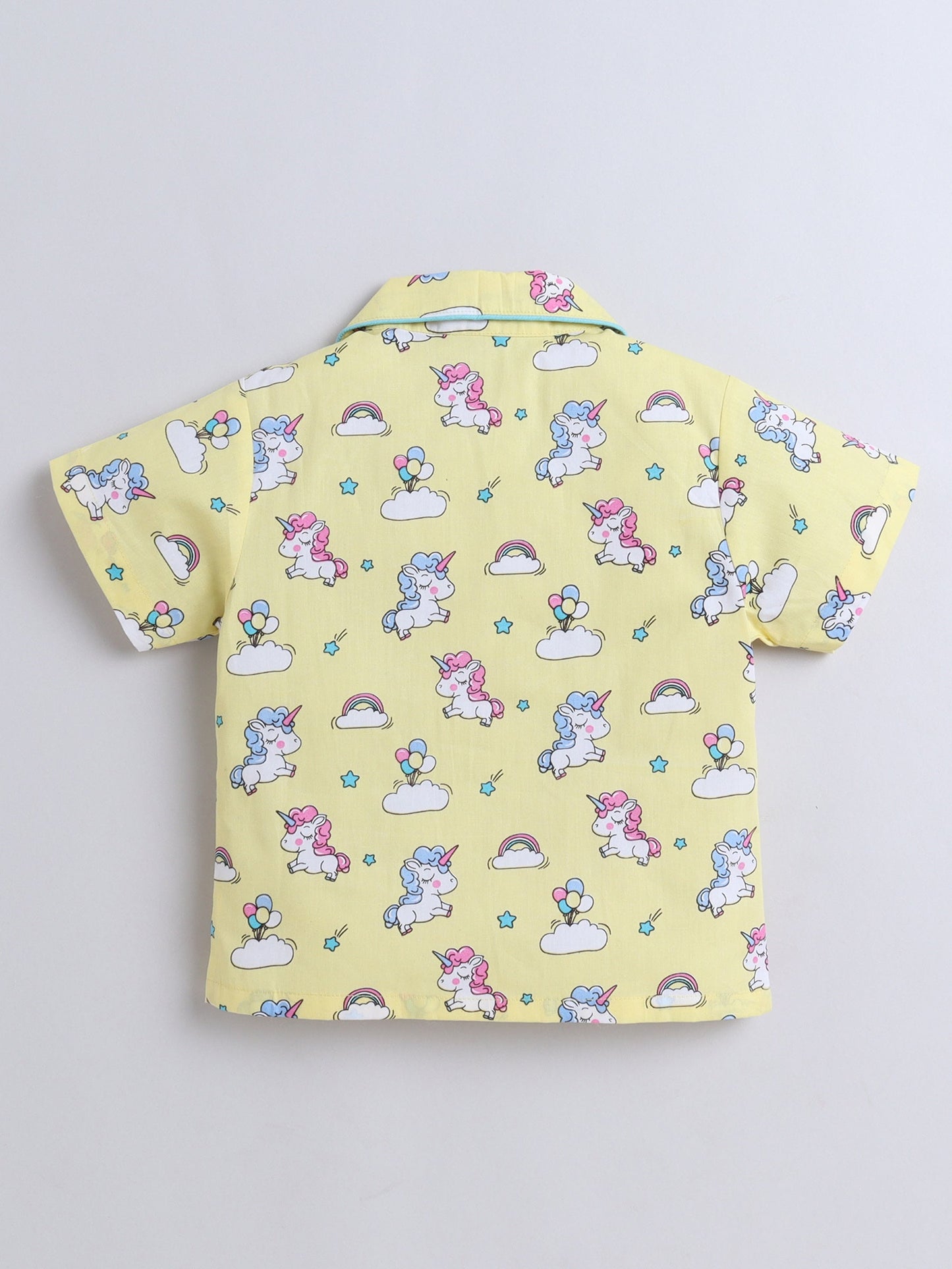 Cotton Woven Half Sleeves Unicorn Printed Shirt & Coordinating Shorts Set - Yellow