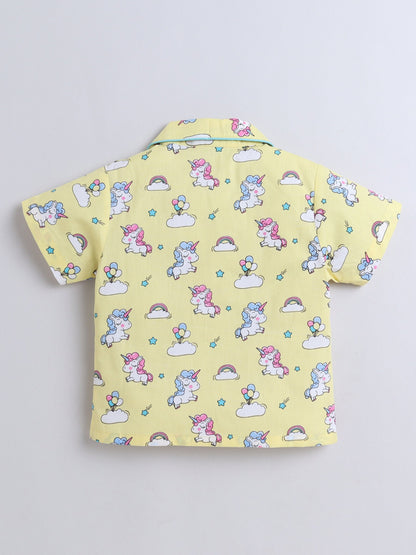 Cotton Woven Half Sleeves Unicorn Printed Shirt & Coordinating Shorts Set - Yellow